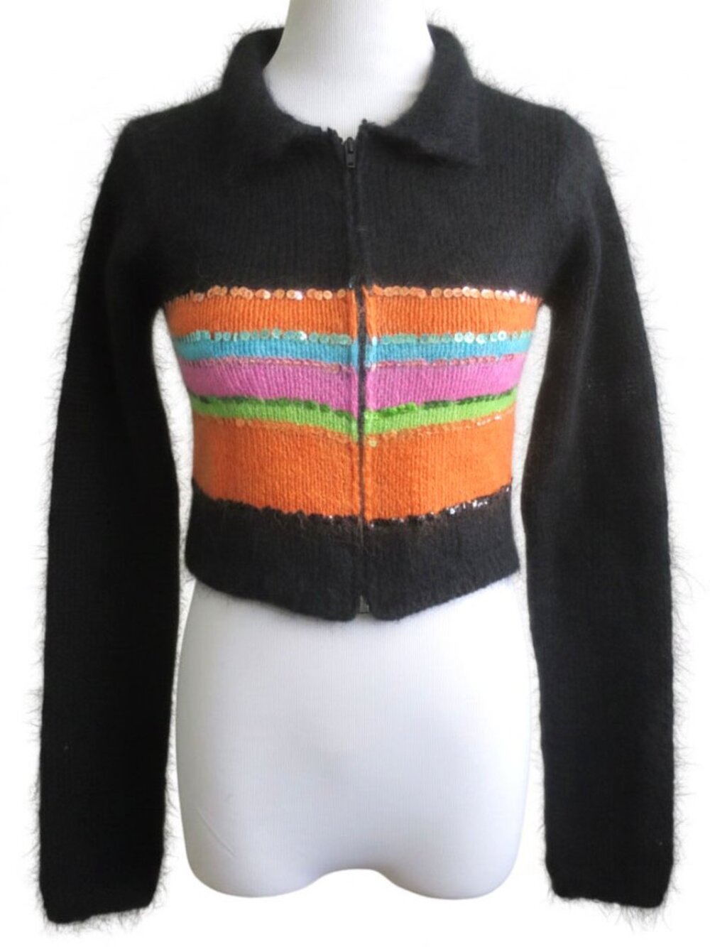 Y2K Cropped Striped Sequin Mohair Cardigan Sweater Size XS - Picture 7 of 12